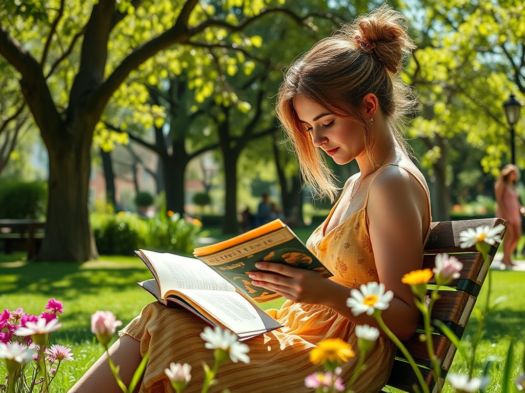 Девушка в жёлтом платье читает книгу на скамейке в парке, окружённая цветами и зеленью деревьев.